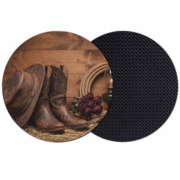 Cowboy Western Coasters Set of 2, Absorbent Coasters for Drinks, Cowboy Hats Boots Retro Rose Brown Wooden Coaster for Desk Coffee Table Protection, Home Decor House Warming Gifts 4"
