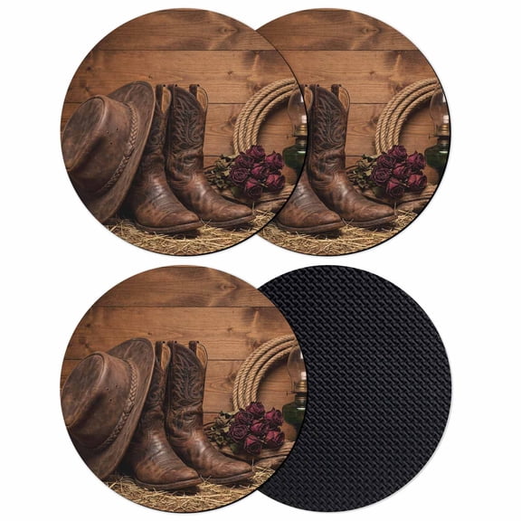 Cowboy Western Coasters Set of 4, Absorbent Coasters for Drinks, Cowboy Hats Boots Retro Rose Brown Wooden Coaster for Desk Coffee Table Protection, Home Decor House Warming Gifts 4"