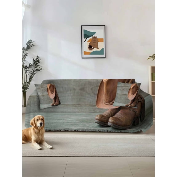 Cowboy Western Couch Cover, Cowboy Hats Boots Grey Wooden Plank Sofa Cover Blanket for 1 Seat Cushion, Sectional Sofa Slipcover Furniture Protector for Living Room Bedroom 71''x91''