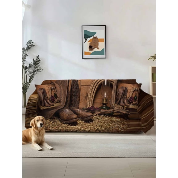 Cowboy Western Couch Cover, Cowboy Hats Boots Retro Rose Brown Wooden Sofa Cover Blanket for 1 Seat Cushion, Sectional Sofa Slipcover Furniture Protector for Living Room Bedroom 71''x91''