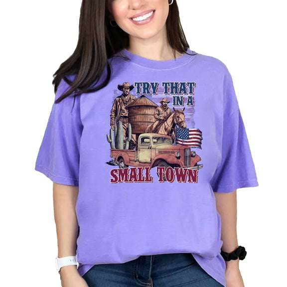 Cowboy Western Graphic T-Shirt, Vintage Farm Truck Tee, Rustic Town Apparel, Country Music Lover Shirt, Patriotic USA T-Shirt, Violet Comfort Colors T-Shirt, Large