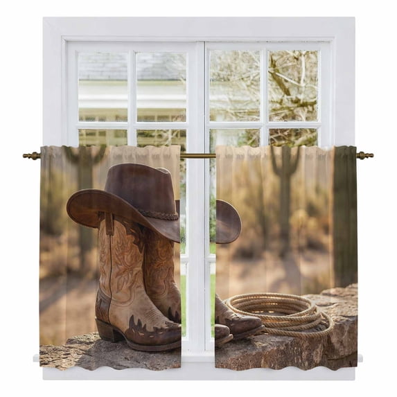 Cowboy Western Kitchen Curtain for Berdoom Living Room Cafe 45 Inch Length, Cowboy Hats Boots Desert Cacti Vintage Tiers Curtains Light Filtering Drapes Rod Pocket Window Treatment 2 Panels 52"Wx45"L