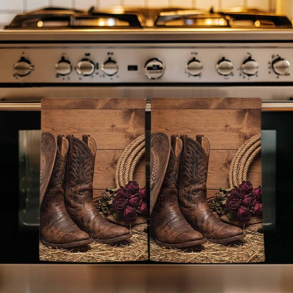 Cowboy Western Kitchen Towels Set of 1, Cowboy Hats Boots Retro Rose Brown Wooden Absorbent Dish Towels for Kitchen, Microfiber Hand Towel, Quick Drying Tea Towel for Cleaning Decorative Dishcloths