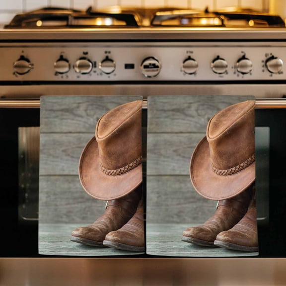 Cowboy Western Kitchen Towels Set of 2, Cowboy Hats Boots Grey Wooden Plank Absorbent Dish Towels for Kitchen, Microfiber Hand Towel, Quick Drying Tea Towel for Cleaning Decorative Dishcloths