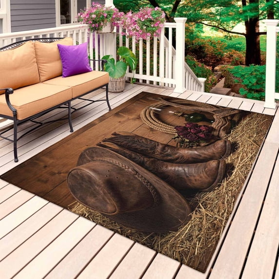 Cowboy Western Outdoor Rug 4x6 Ft, Non Slip Washable Area Rug, Cowboy Hats Boots Retro Rose Brown Wooden Patio Rugs Carpet Runner, Large Floor Mat for Indoor/Outdoor Deck Porch Camping