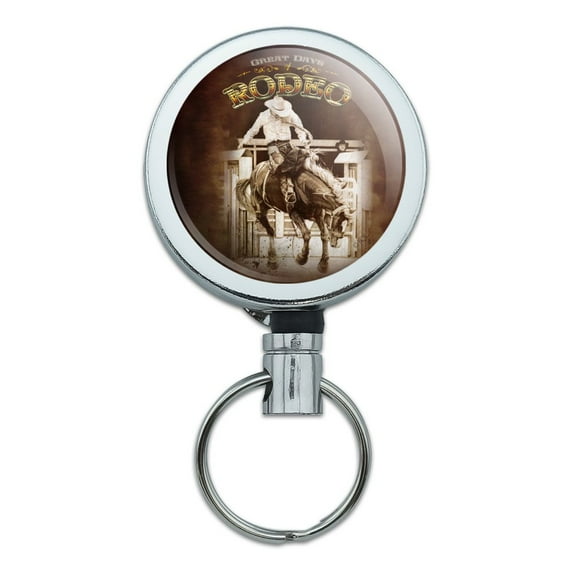 Cowboy Western Rodeo Vintage Horse Bucking Riding Heavy Duty Metal Retractable Reel ID Badge Key Card Tag Holder with Belt Clip