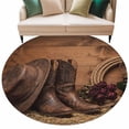 thumbnail image 1 of Cowboy Western Round Area Rugs Collection 5', Cowboy Hats Boots Retro Rose Brown Wooden Non Slip Indoor Circular Throw Runner Rug Floor Mat Carpet for Living Room Dining Table Bedroom Nursery, 1 of 9
