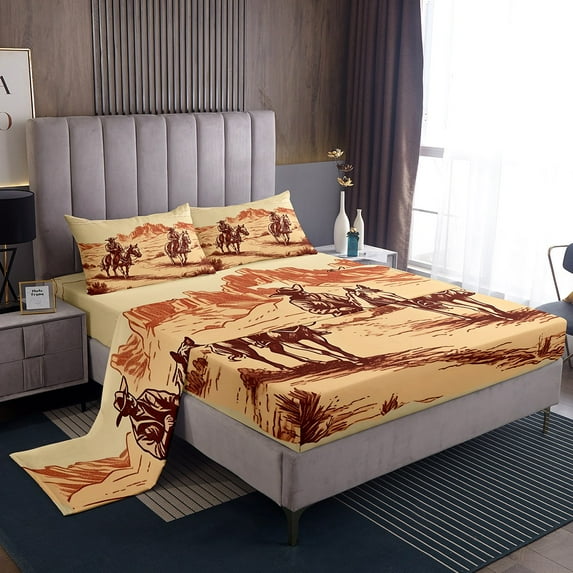 Cowboy Western Sheets Wild West Desert Mountain Bed Sheets Set Rustic Home Decor, Western Farmhouse Sheet Set Teens Country Theme Farm Life Bedding Set King 4 Piece