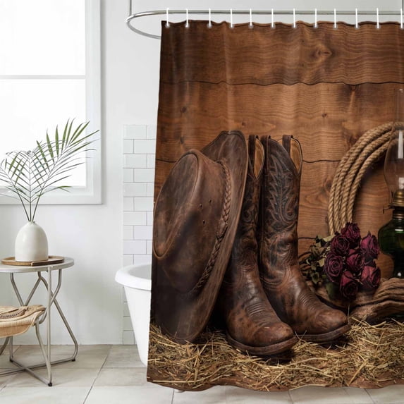 Cowboy Western Small Stall Shower Curtain, Waterproof Shower Curtains for Bathroom, Cowboy Hats Boots Retro Rose Brown Wooden Washable Fabric Bath Curtain for Bathtub with Hooks 36x72 Inches