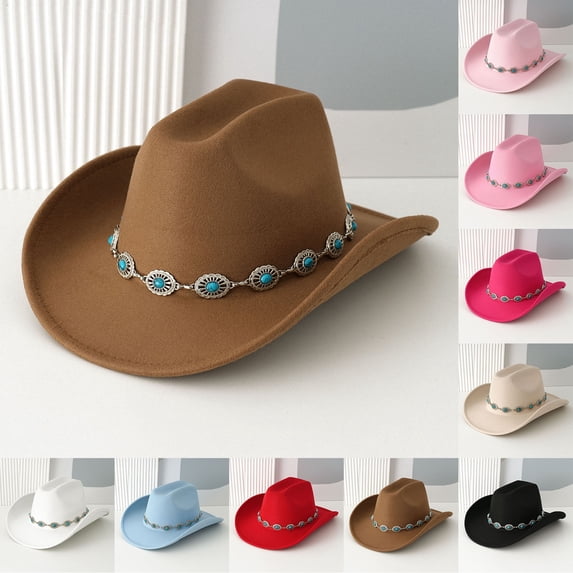 Cowboy Western Straw Hats - Western Cowboy Hat For Men And Women Turquoise Bohemian Wide Brim Design Party Hat With Chain Fashionable Unisex Accessory,Black,One Size