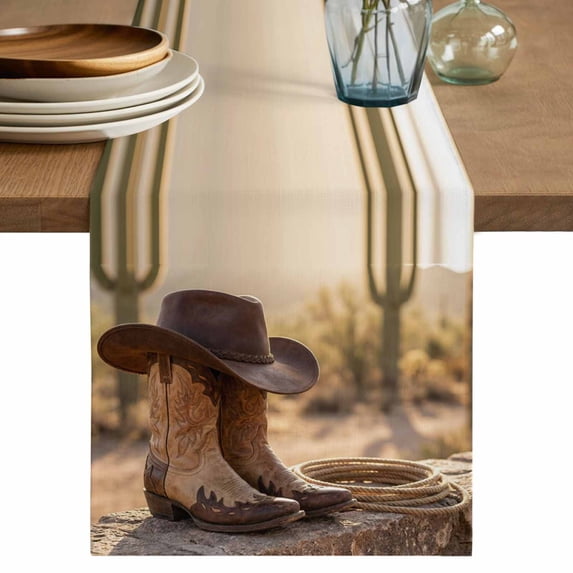 Cowboy Western Table Runner, Cowboy Hats Boots Desert Cacti Vintage Washable Cotton Linen Table Runners 72 Inches Long, Dresser Scarf Runner for Dining/Coffee/Kitchen/TV Stands/Cabinets 13''x72''