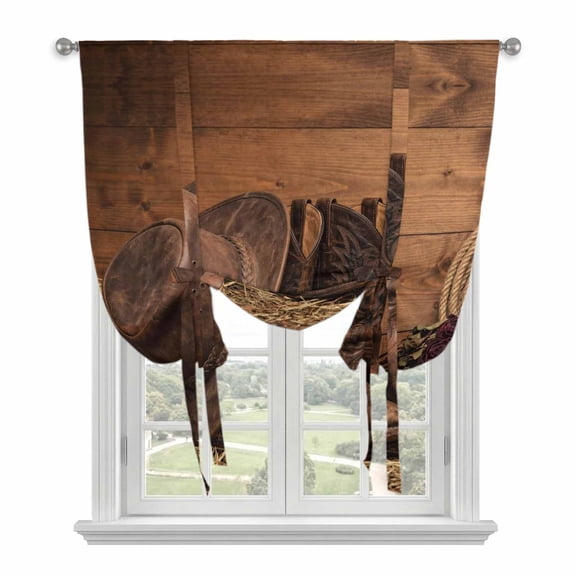 Cowboy Western Tie Up Curtains for Window, Thermal Insulated Balloon Shade Adjustable Rod Pocket Curtains Valance Panels for Kitchen Bathroom Cafe 42 x 45 Cowboy Hats Boots Retro Rose Brown Wooden