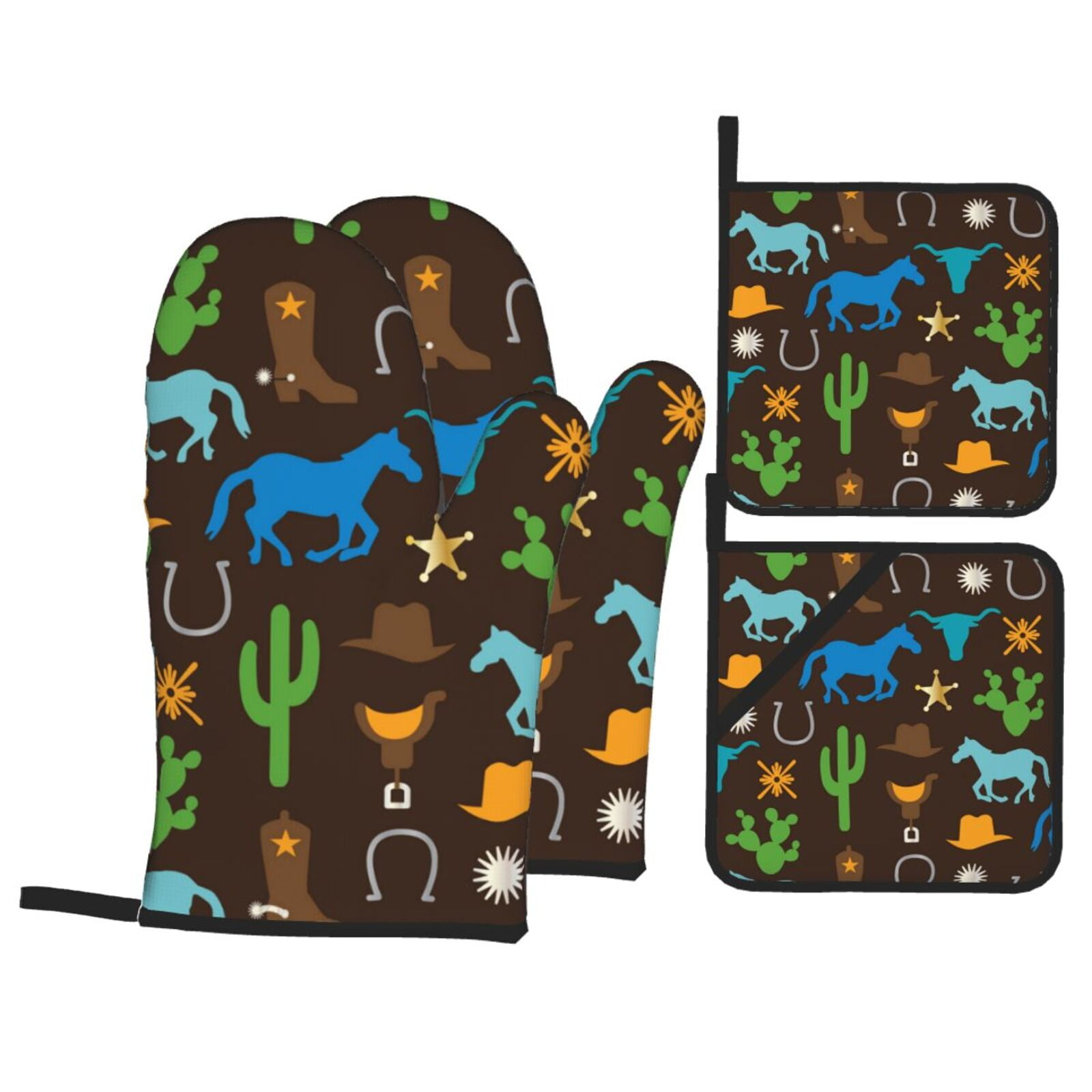 Cowboy Western West Horse Cactus 4Pcs Oven Mitts and Pot Holders Sets Oven Kitchen Gloves Hot Pads for Cooking BBQ Baking Grilling