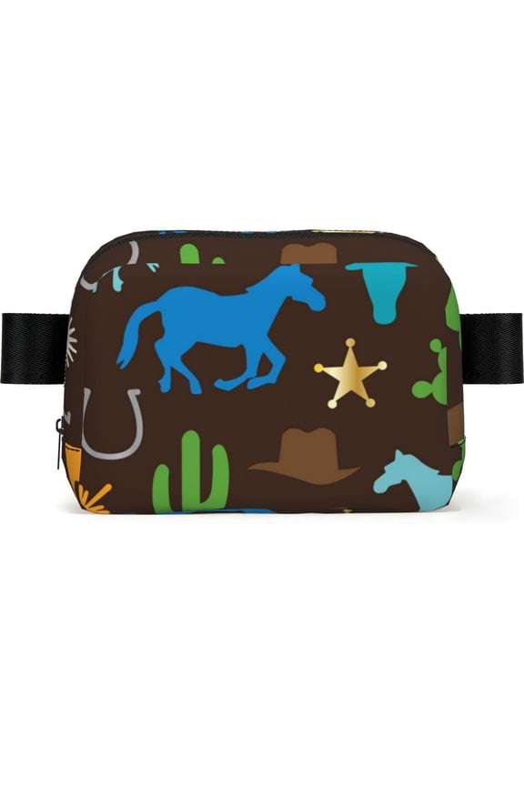 Cowboy Western West Horse Cactus Square Fanny Pack Fashion Belt Bag with Adjustable Strap Crossbody Chest Bag for Travel, Running, Gym