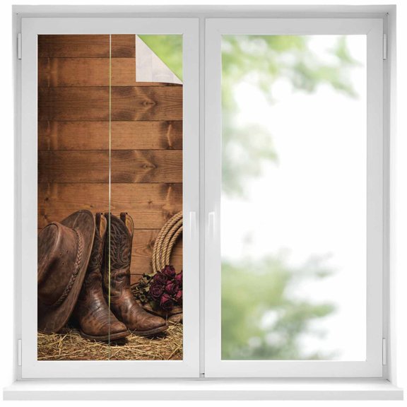 Cowboy Western Window Privacy Film, Cowboy Hats Boots Retro Rose Brown Wooden Static Cling UV Sun Blocking Heat Control Window Tint Day and Night, Non-Adhesive One Way Privacy Cover 19.6''x39.3''