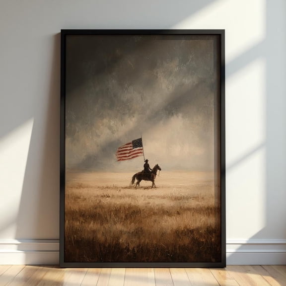 Cowboy With American Flag Wall Art, Fourth Of July Western Landscape Print