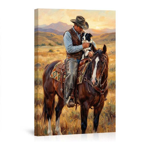 Cowboy With Border Collie On Horse At Sunset Western Americana Heartwarming Modern For Living Room Home Canvas