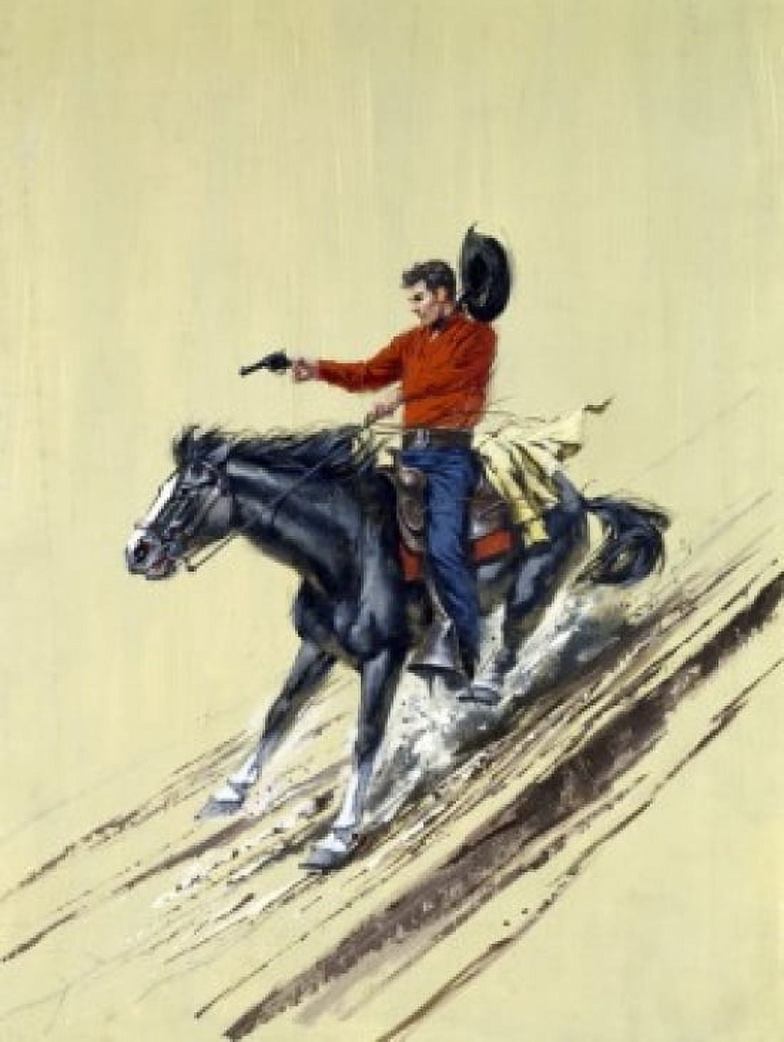 Cowboy aiming gun on horse sliding down hill Canvas Art - (24 x 36)