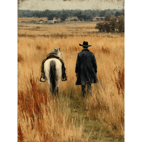 Cowboy and Horse Canvas Art, Rustic Sepia Western Prairie Ranch Landscape Wall Decor