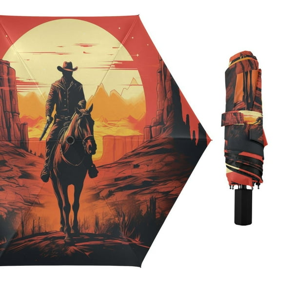 Cowboy and Sunset Compact Sun Umbrella Windproof Travel Umbrellas for Rain Strong Portable UV Protection