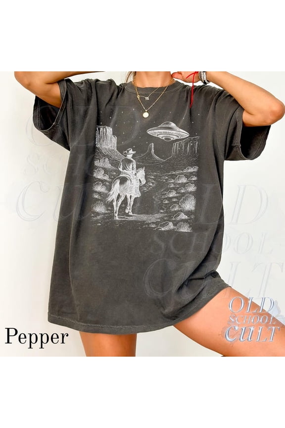 Cowboy and UFO Graphic Print T-Shirt | Vintage Western Sci-Fi Tee | Retro Alien Desert Unisex Top