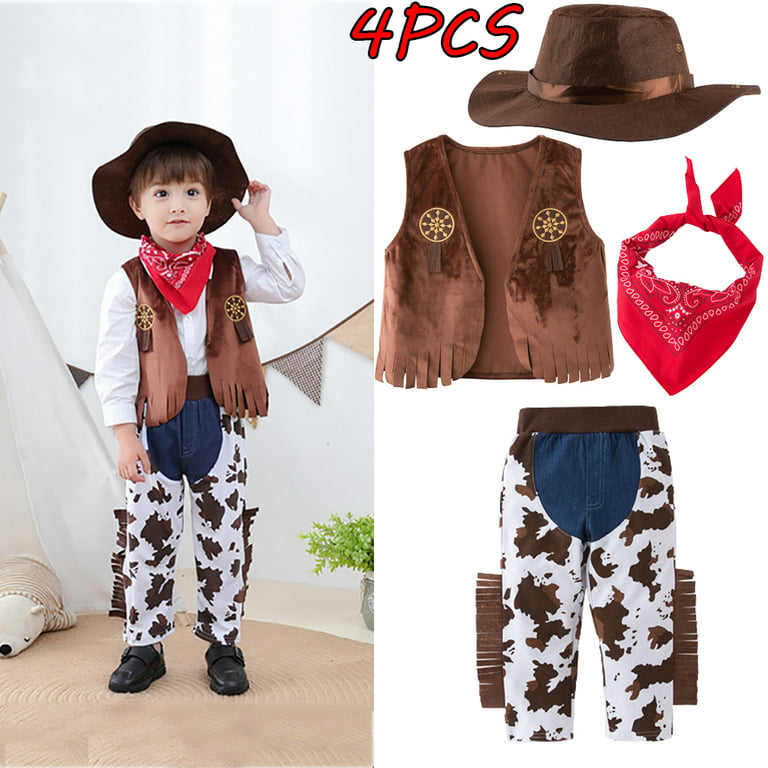 Cowboy costume for boys, kids clothes for cosplay, set with vest + pants +  scarf + hat