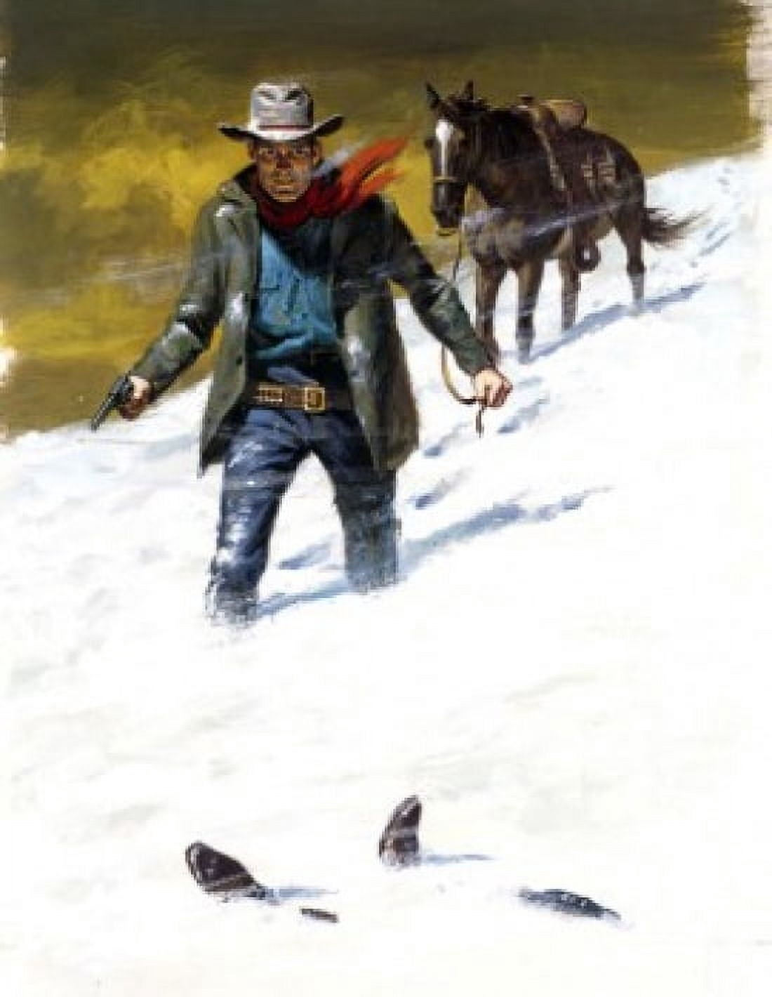 Cowboy discovering dead body in snow Canvas Art - (18 x 24)