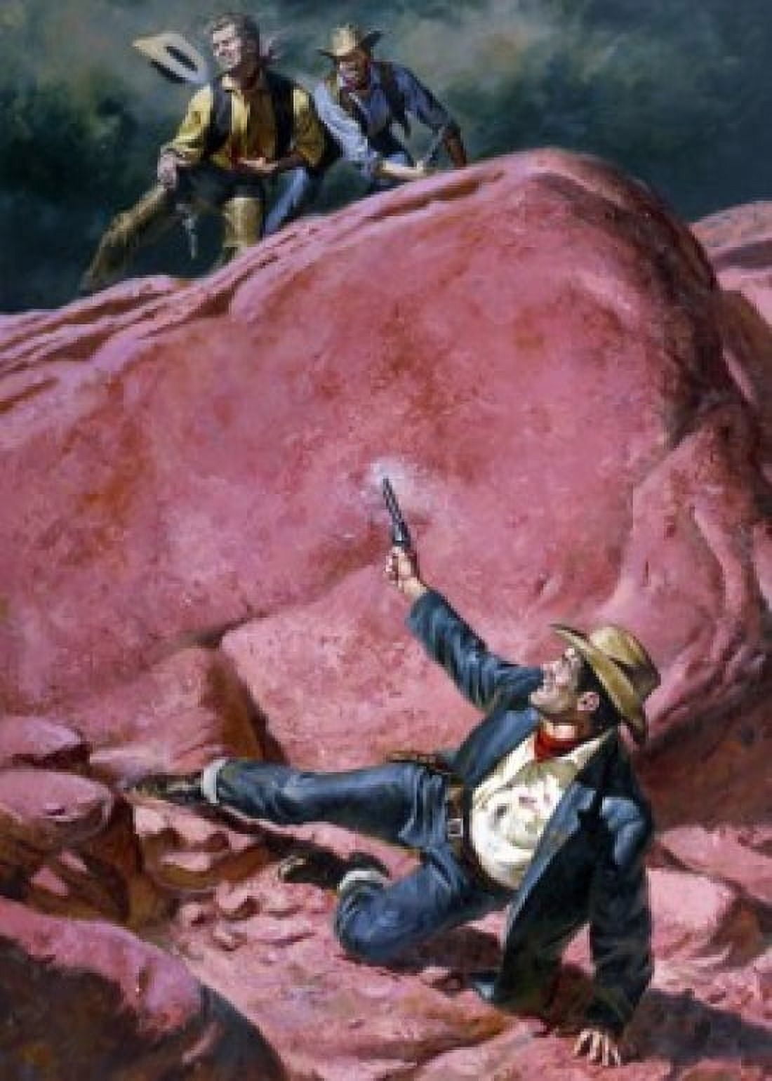 Cowboy hiding from enemy behind rock Canvas Art - (24 x 36)