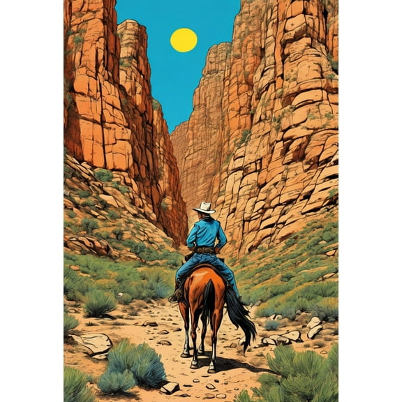 Cowboy in The Copper Canyons Illustration I - 12" x 18" Art Print Wall Decor