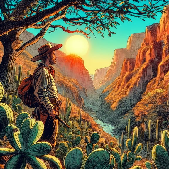 Cowboy in The Copper Canyons Illustration II - 12" x 18" Art Print Wall Decor