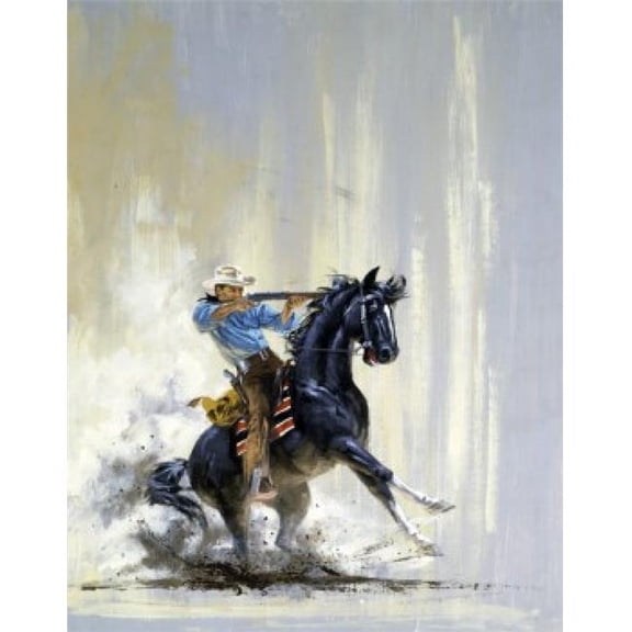 Cowboy on Horseback Aiming Gun Poster Print - 18 x 24 in.