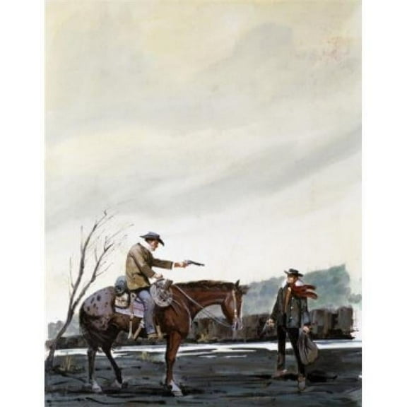 Cowboy on Horseback Aiming Gun at Enemy Poster Print - 18 x 24 in.