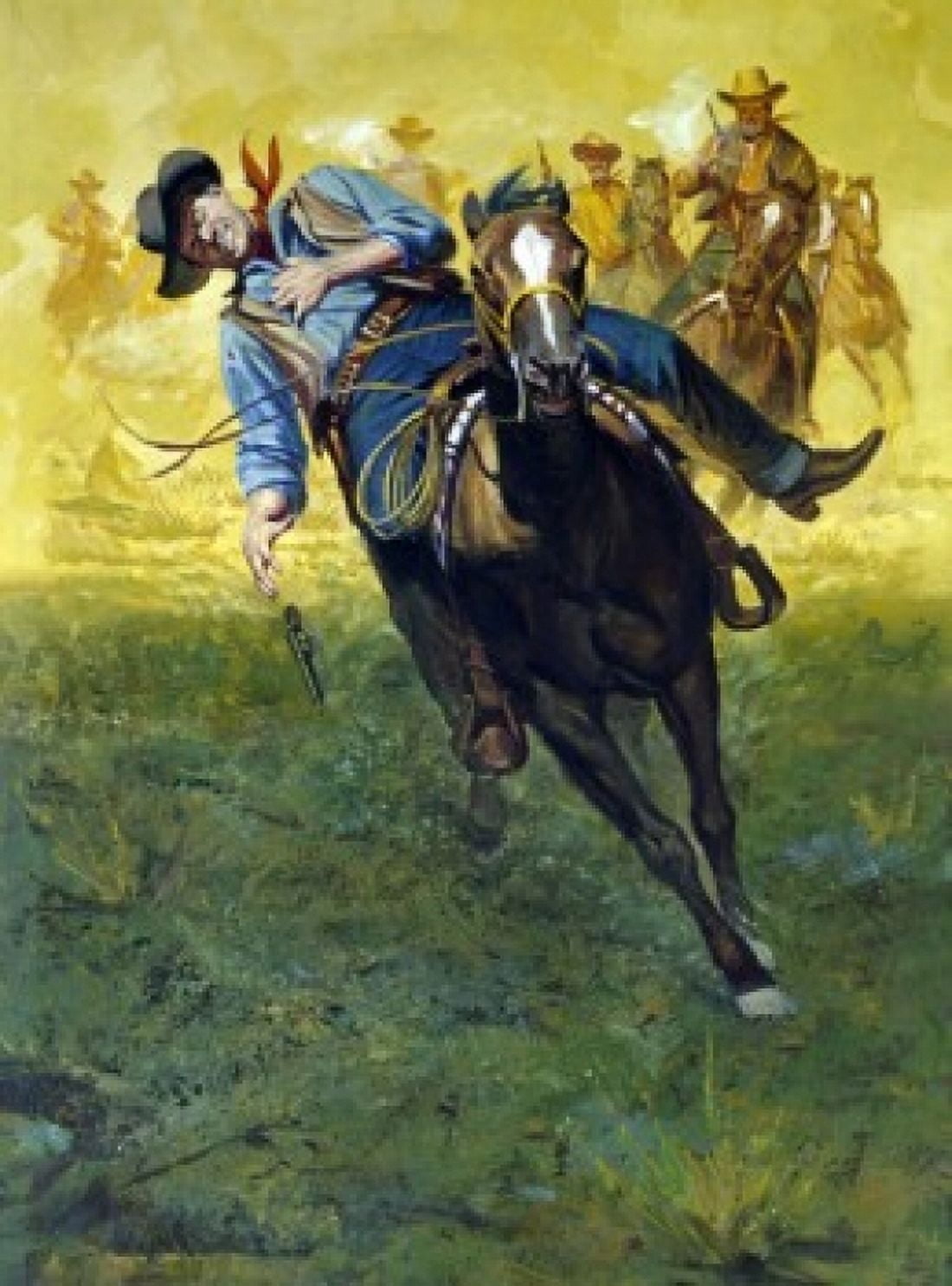Cowboy on horseback with enemy chasing Canvas Art - (24 x 36)