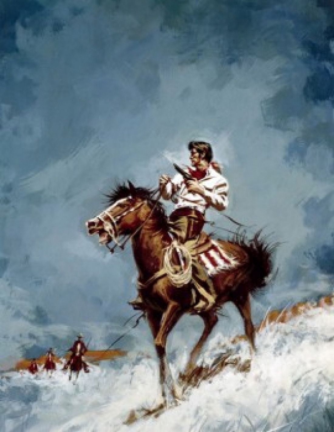 Cowboy on horseback with enemy in background Canvas Art - (18 x 24)