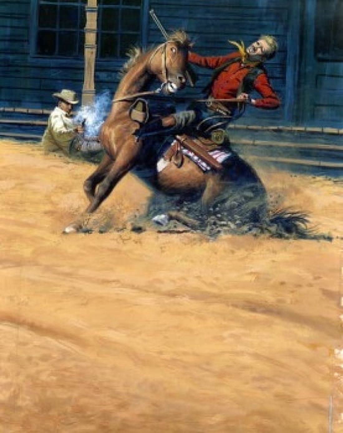 Cowboy shooting enemy on horseback Canvas Art - (24 x 36)
