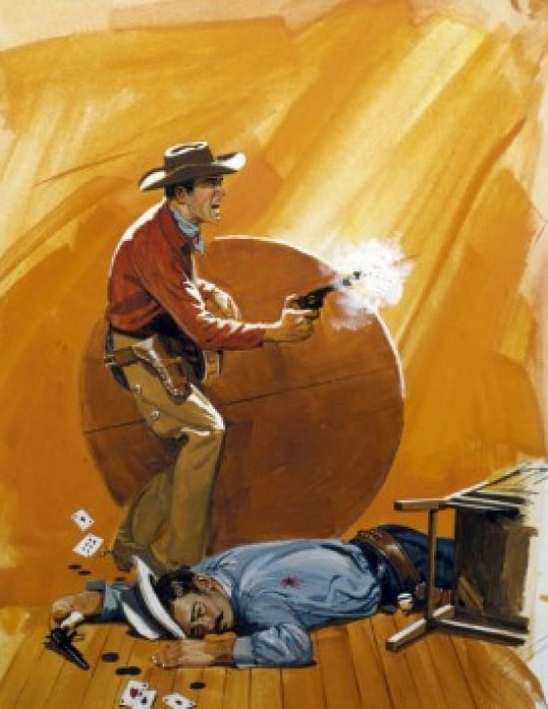 Cowboy shooting pistol in saloon fight Canvas Art - (24 x 36)