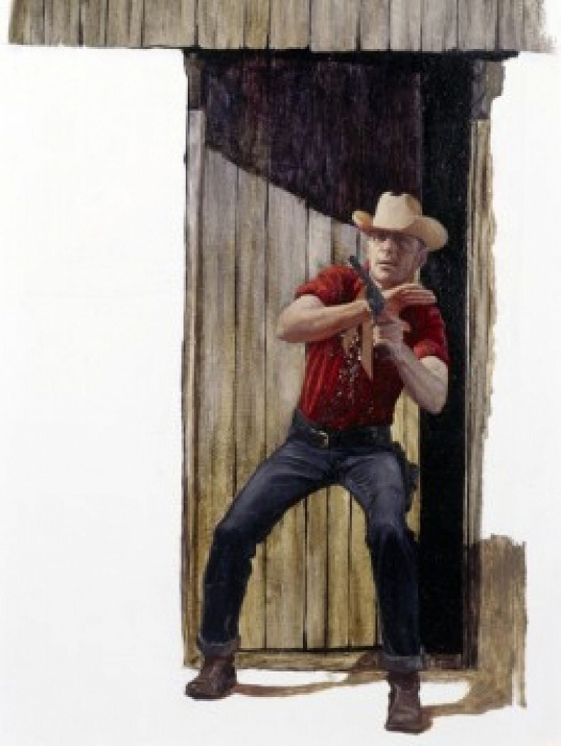 Cowboy shooting pistol outside home Canvas Art - (24 x 36)
