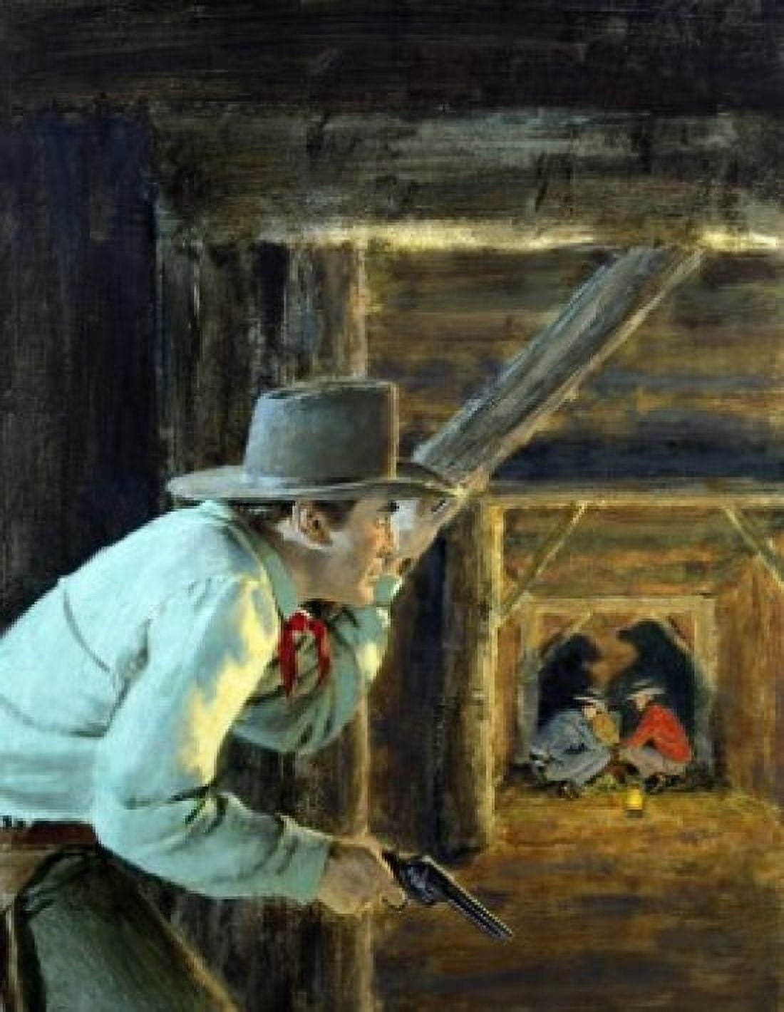 Cowboy watching gold smugglers in mine Canvas Art - (24 x 36)