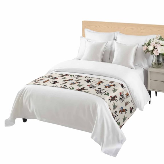 Cowboys Bed Runner Twin Size Vintage Horses Cactus Linen Texture Soft Bed Scarf for Foot of Bed, Decorative Bedding Scarf Protection for Hotel Home Bedroom 71 x 20 Inch