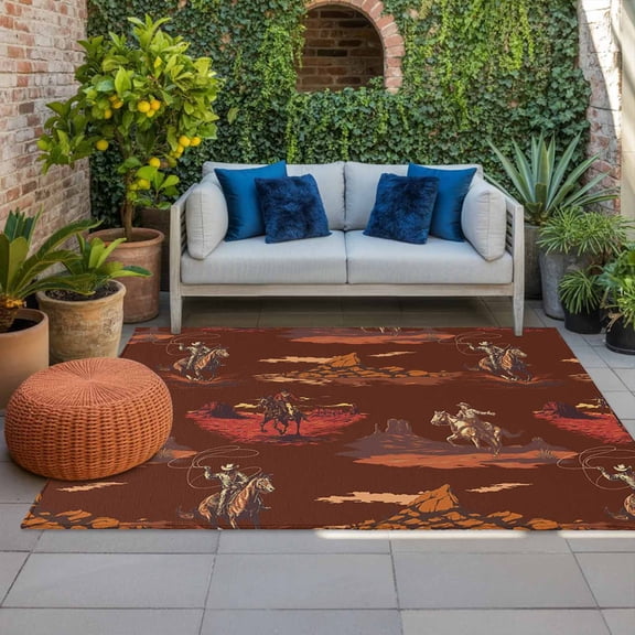 Cowboys Horses Indoor Outdoor Rugs 3x5 Ft, Desert Ethnic Winds Dark Brown Background Outdoor Patio Rugs Mat Washable Outside Area Rugs Carpet for Porch Deck RV Camping Pool Balcony Backyard