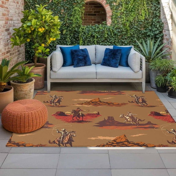 Cowboys Horses Indoor Outdoor Rugs 6x9 Ft, Desert Ethnic Winds Brown Background Outdoor Patio Rugs Mat Washable Outside Area Rugs Carpet for Porch Deck RV Camping Pool Balcony Backyard
