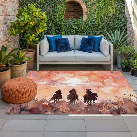 Cowboys on Horses Indoor Outdoor Rugs 6x9 Ft, Watercolor Western Art Sunset Desert Outdoor Patio Rugs Mat Washable Outside Area Rugs Carpet for Porch Deck RV Camping Pool Balcony Backyard