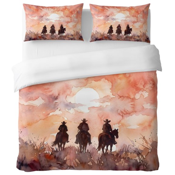 Cowboys on Horses Twin Duvet Cover Set, Watercolor Western Art Sunset Desert Decorative 3 Piece Bedding Set with Zipper Closure Soft Breathable Microfiber Comforter Cover 2 Pillowcases