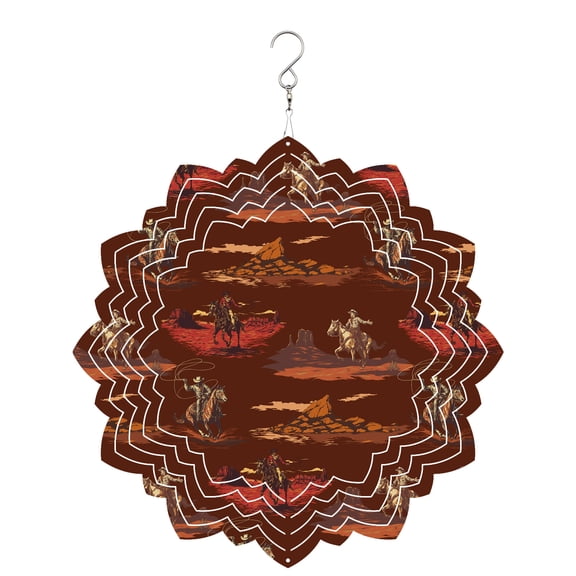 Cowboys Horses Wind Spinner for Garden Yard 8In, Desert Ethnic Winds Dark Brown Background 3D Stainless Steel Kinetic Hanging Wind Spinners Rustproof Outdoor Decor for Lawn Patio Home