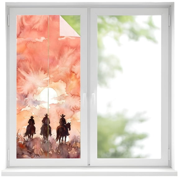 Cowboys on Horses Window Privacy Film, Watercolor Western Art Sunset Desert Frosted Glass Window Clings Static Cling UV Heat Blocking Reusable Door Sticker for Bathroom 19.6 x 39.3 Inch