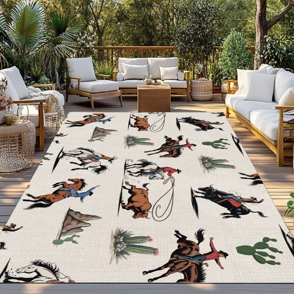 Cowboys Indoor Outdoor Rugs 3x5 Ft, Vintage Horses Cactus Linen Texture Outdoor Patio Rugs Mat Washable Outside Area Rugs Carpet for Porch Deck RV Camping Pool Balcony Backyard