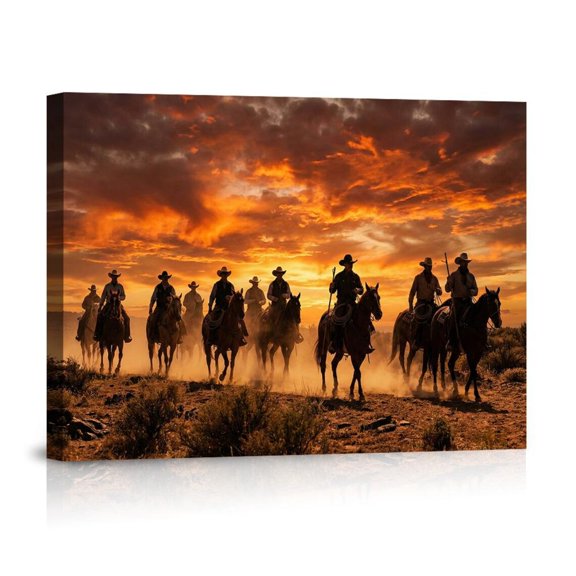 Cowboys Riding At Fiery Sunset Western Frontier Timeless Wild West Adventure For Home Canvas