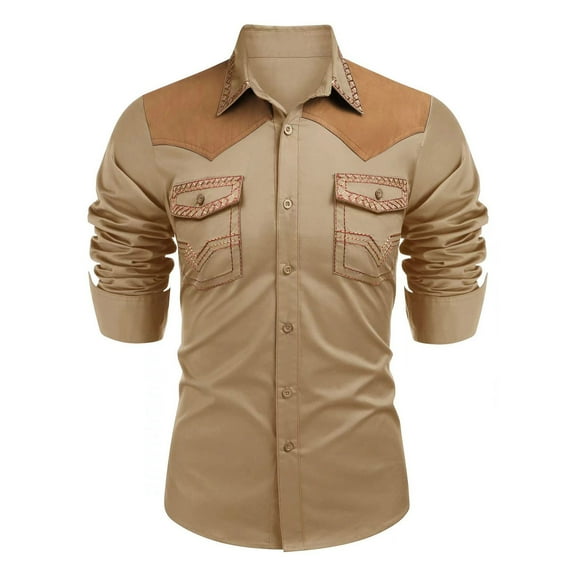 Cowboys Shirts for Men with Pockets Long Sleeve Button-Down Collar Tshirts Shirt Sueded Color Block Loose Comfort Lapel Vintage Tops
