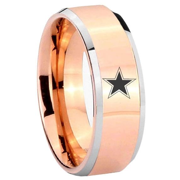 Cowboys Star Beveled Edge Rose Gold Tungsten Engraved Ring 10MM