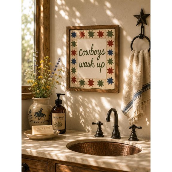 Cowboys Wash Up Western Stars Border, Country Bathroom Wall Art Poster, Poster Only